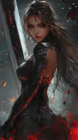 Armored female warrior holds sword amid embers and smoke