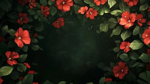 Red Floral Border Composition Against Dark Green Background.
