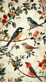 Songbirds on flowering branches in stylized vertical illustration.