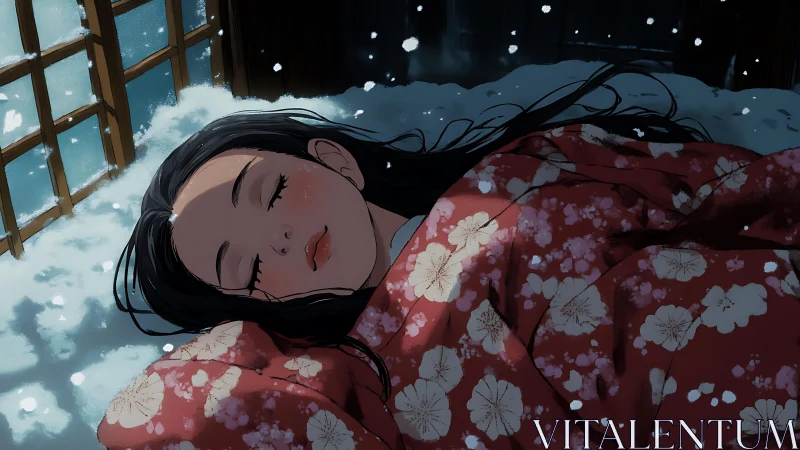 Snow-lit anime portrait depicts kimono-clad girl sleeping outdoors