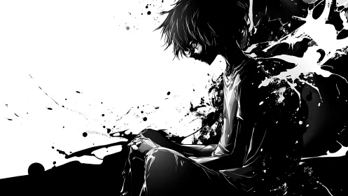 Monochrome seated figure with abstract ink-like splashes.