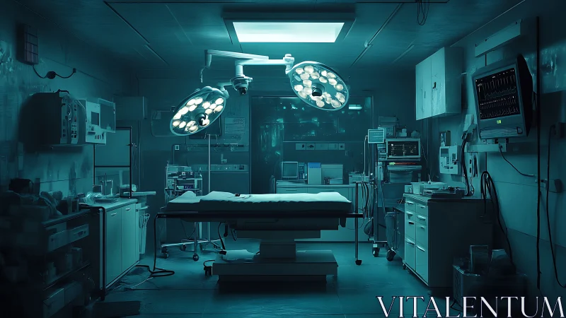 Sterile surgical theatre under teal-spectrum procedural lighting.