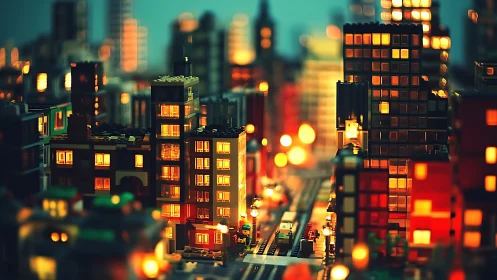 Lego night city glows with cinematic depth of field.
