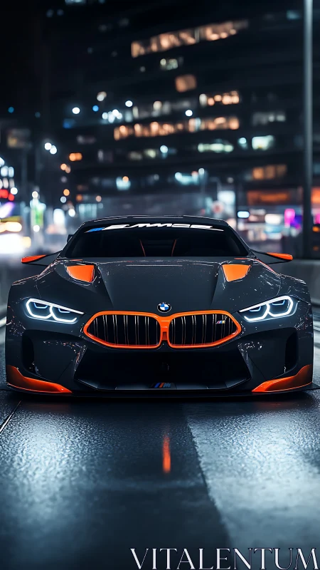 BMW sports coupe with neon orange trim on wet city street.