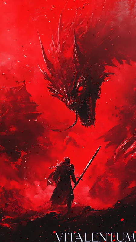 Lone armored warrior confronts shadow dragon in red void.