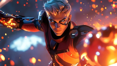 Armored figure in dynamic forward pose amid orange sparks.