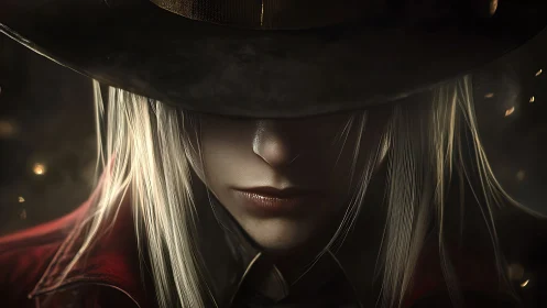 Mysterious long haired figure in wide brim hat and coat.