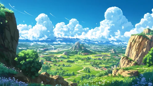Panoramic anime valley with stratified clouds and rocky escarpments.
