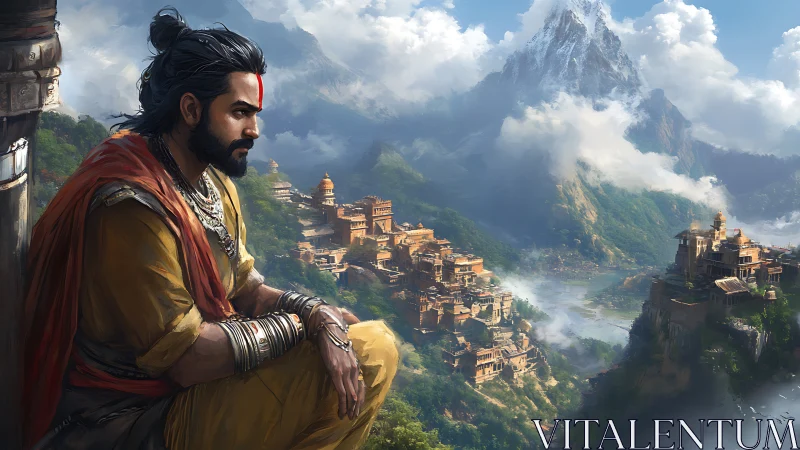 Mountain sage overlooking misty temple valley at sunrise.