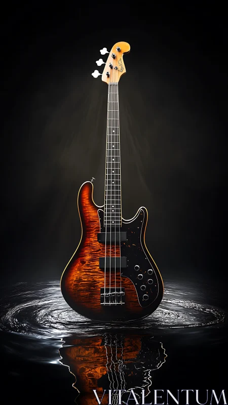 Sunburst electric bass floating over rippling water.