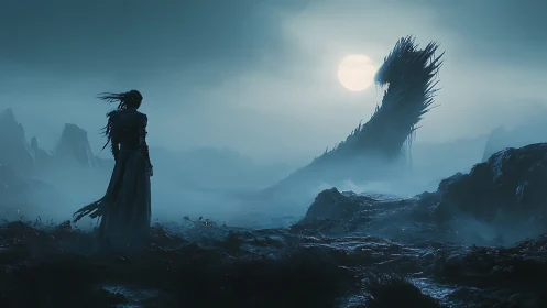 Cinematic fantasy standoff in moonlit fogbound wasteland.