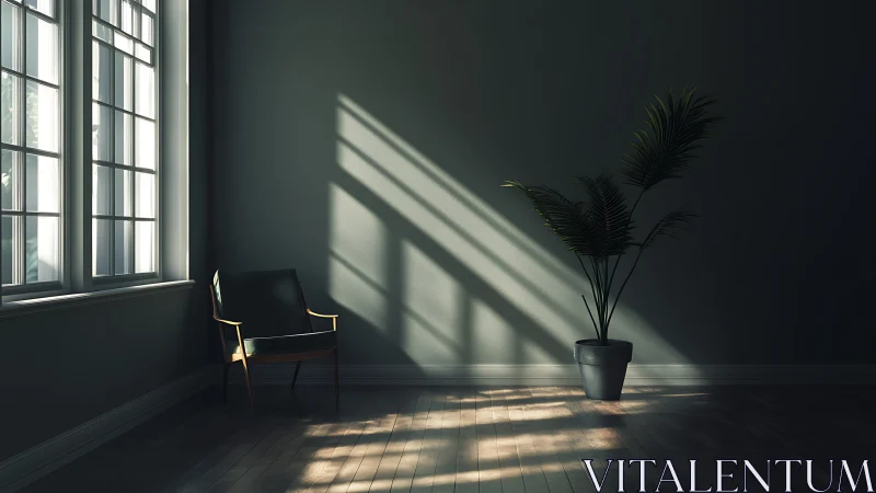 Empty corner room shows chair, plant and strong window light