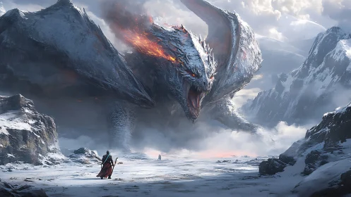 Snow-covered valley shows robed figure facing large dragon