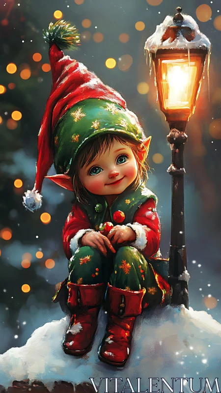Elf child under lamppost in luminous winter snowfall scene.