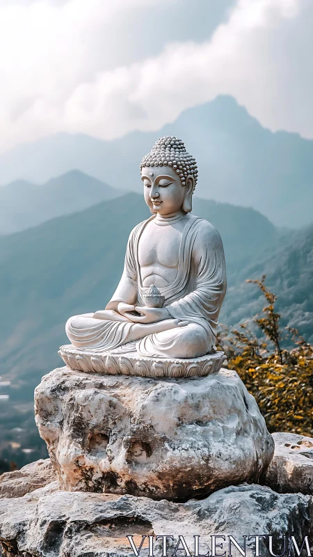 Serene stone Buddha statue on mountain rock with misty ridges