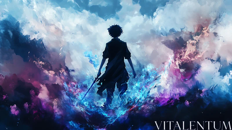 Silhouetted swordsman in turbulent chromatic nebula clouds.