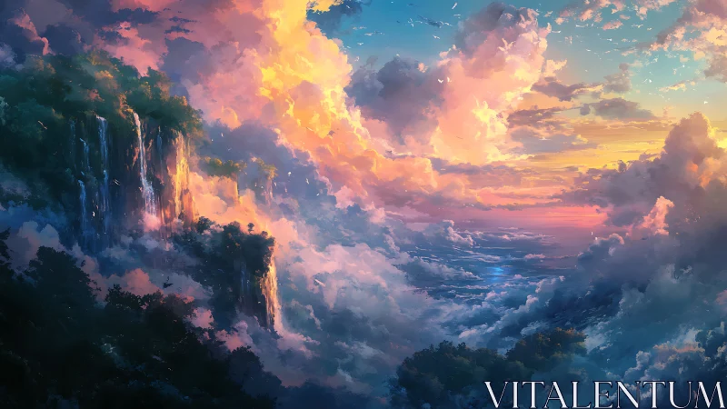 Sunset-drenched cloudfalls quietly redraw the edge of earth