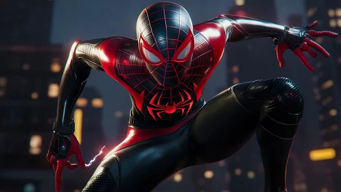 Masked superhero crouches in black and red suit at night