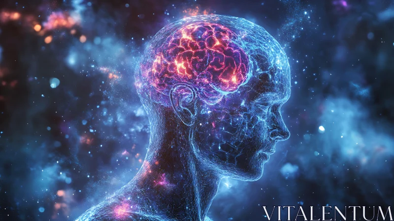 Digital painting profile of neural-lit human head in cosmos.