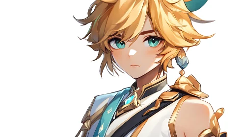Golden-haired fantasy hero in ornate teal and gold armor.