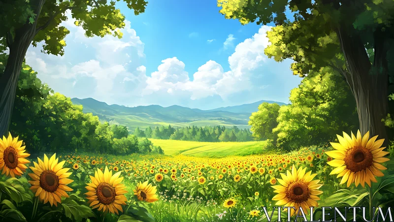 Sunlit sunflower meadow opens onto rolling summer hills