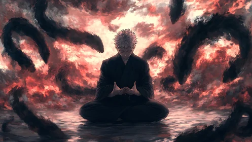Seated figure amid swirling dark forms and fiery clouds.