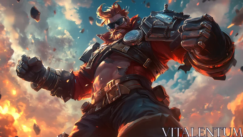 Armored brawler in explosive sky battle stance.