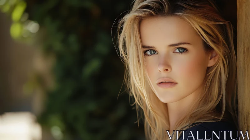Blonde woman gazes toward camera in soft outdoor daylight