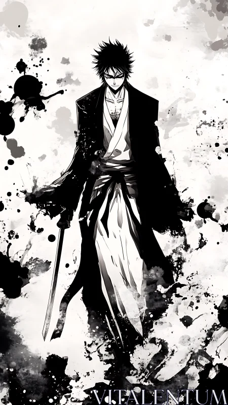 Stoic swordsman in monochrome ink wash composition.