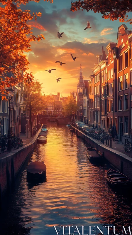 Sunlit autumn canal reflects warm twilight over Amsterdam