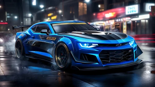 Blue street racer muscle car under neon city rain.