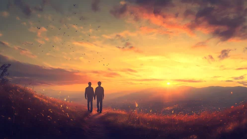 Digital painting sunset vista with silhouetted walking figures.