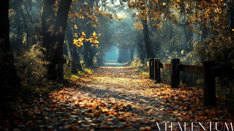 Autumn Tree Tunnel with Golden Leaves and Distant Light