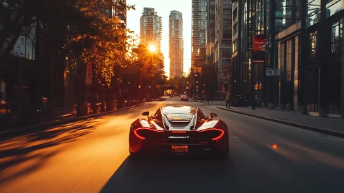 Supercar glides through sunlit city boulevard at golden hour.