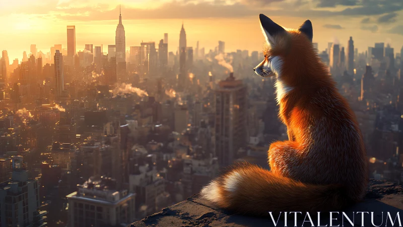 Urban sunrise crowns a lone fox surveying the steel forest