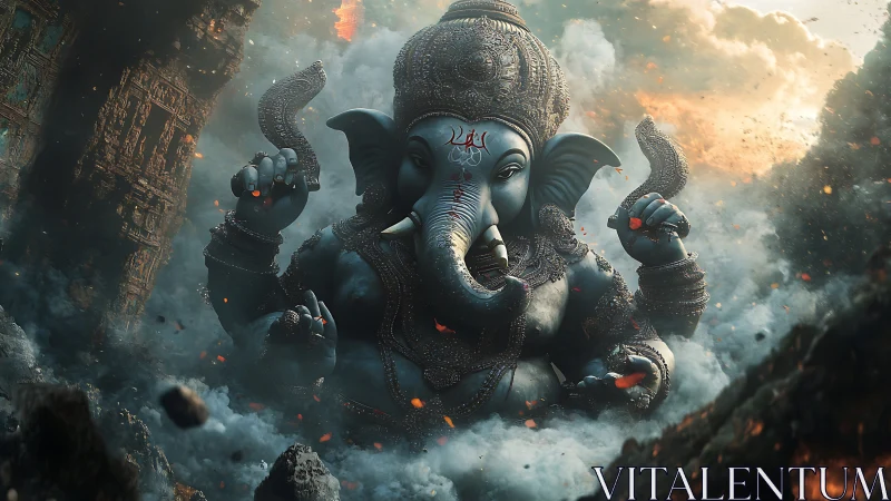 Colossal Ganesh deity rising through storm and ruins.