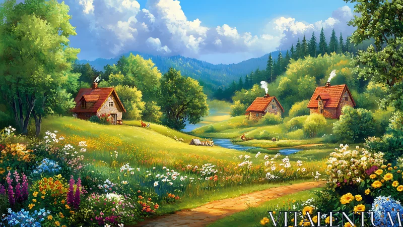 Sunny cottage valley wrapped in wildflowers and soft hills.