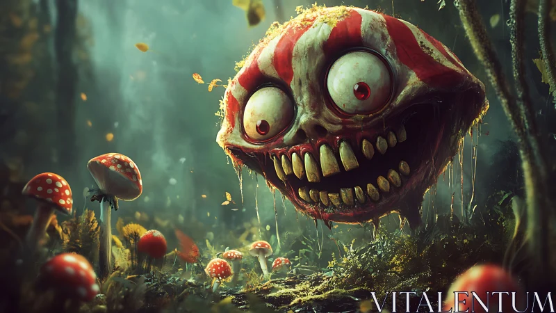 Grotesque striped skull-entity hovering in bioluminescent forest.