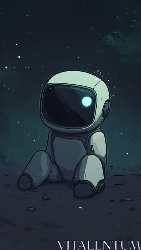 Small seated robot under starry night sky, front view.