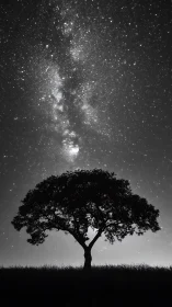 Quiet night tree reaches gently toward a glowing star river