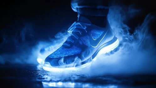 Luminous blue sneaker glows through cinematic low key vapor
