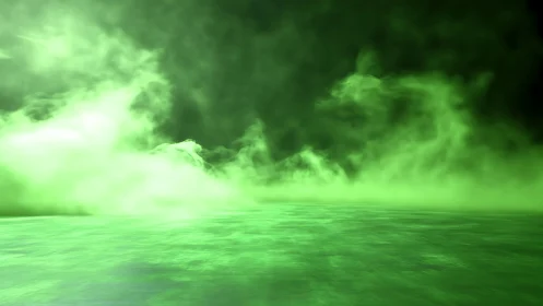 Volumetric green fog rolling over reflective planar surface