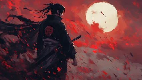 Lone anime swordsman walks beneath a vast blood-red moon.