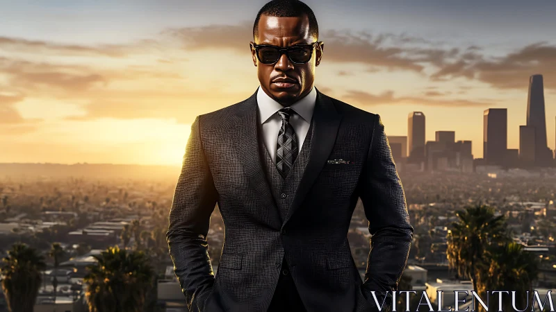 Stylish businessman stands over city at dramatic sunset.