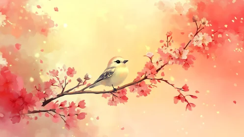 Delicate Bird Perched Among Blooming Cherry Blossoms.