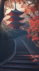 Scarlet temple path ascending through misty autumn hush.