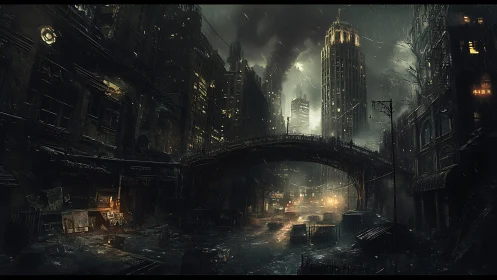 Rain-soaked cyber-noir overpass bisects decayed high-rise canyon