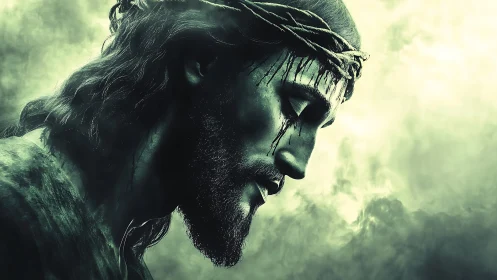 Suffering crowned man in profile against misty green sky.