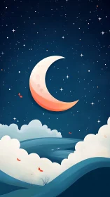 Crescent moon sails softly above rolling midnight clouds