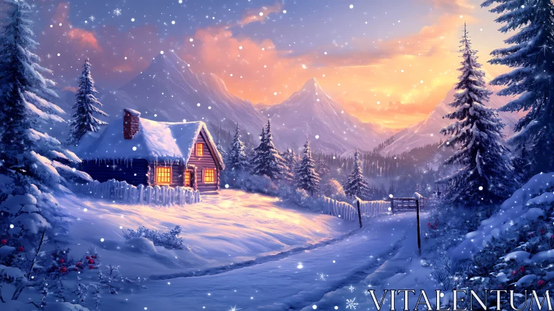 Snow-draped cabin glow beneath peach winter mountainscape.